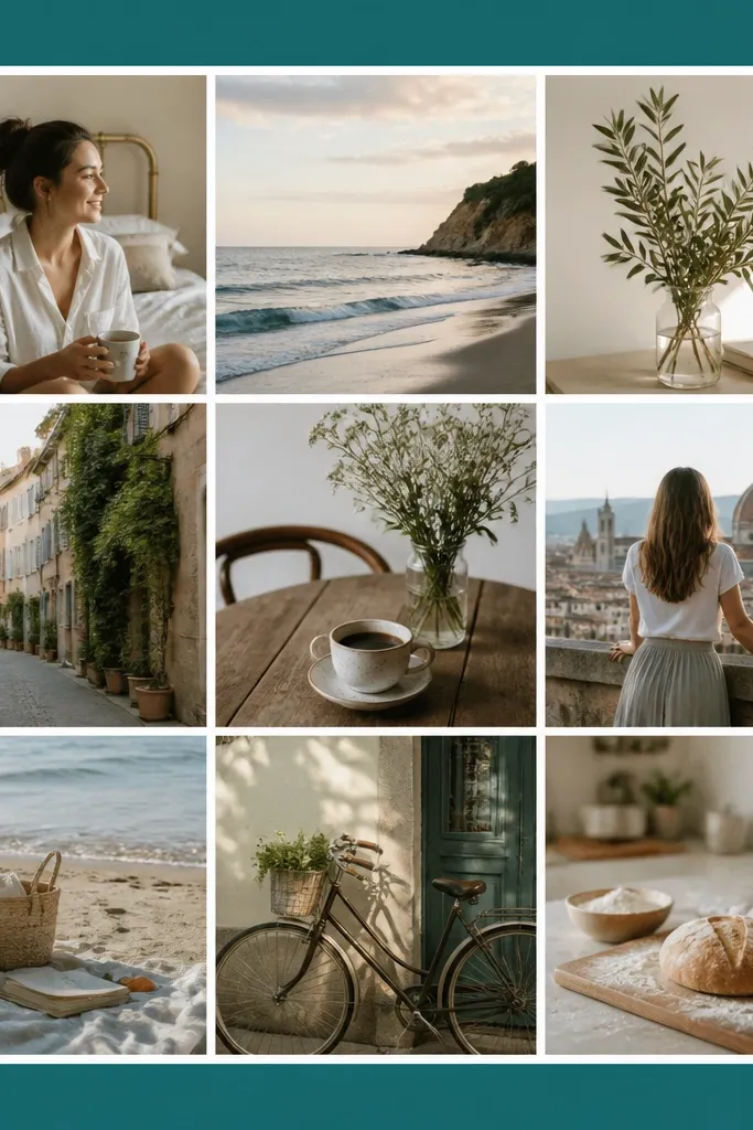 A white photo collage with a thick colored margin band around the photos. The top and bottom margins are in teal, and the left and right margins are in a soft peach. The photos are all aligned in a grid in the center area.