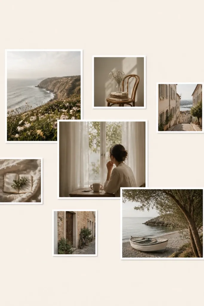 A cream background with seven photos arranged like a loose constellation. Three photos are larger and four are smaller, all with white borders. There is plenty of blank space around the cluster, and the photos don't touch.