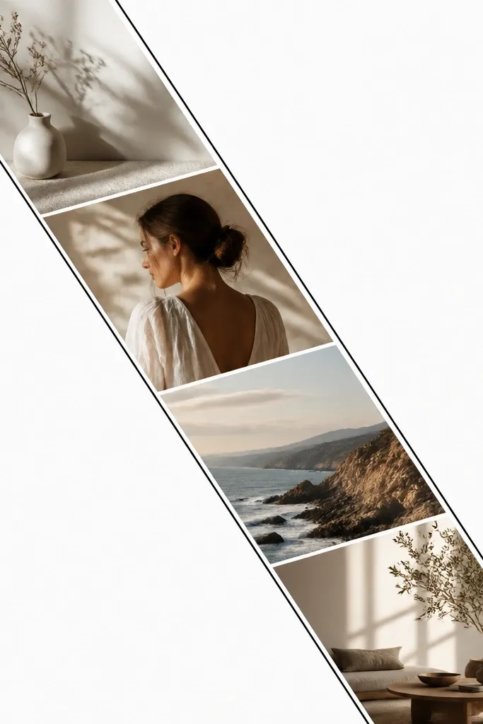 A white base with a diagonal band from top left to bottom right. Photos are placed inside the band as rectangles, all aligned to the diagonal direction. A thin black strip separates the diagonal band from the rest of the page.