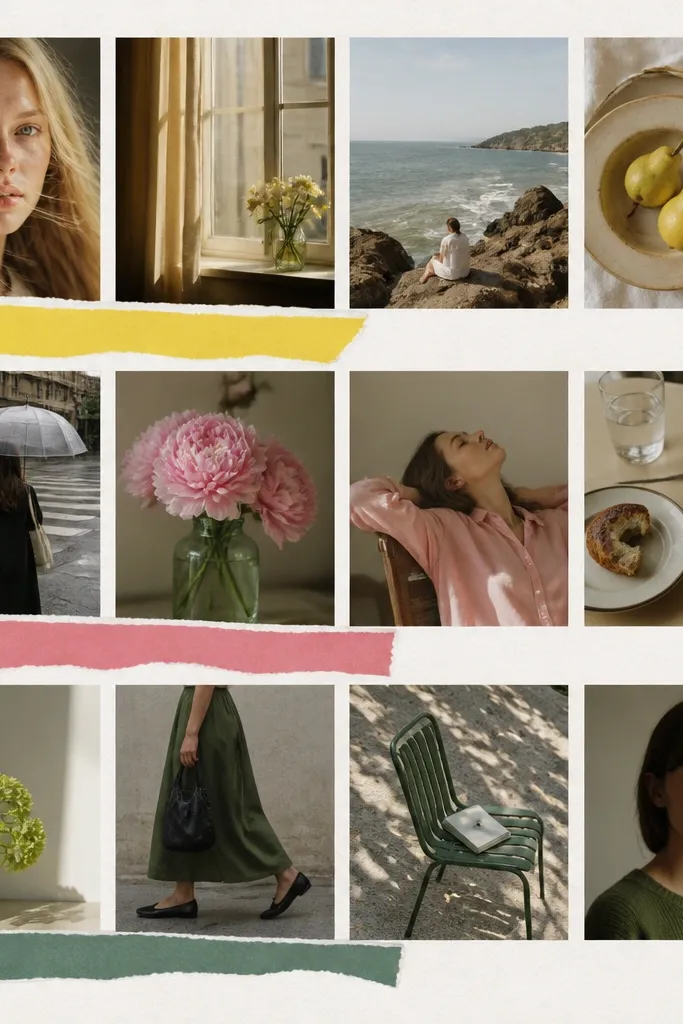 A collage that looks like a mini magazine page. It has a 3x4 grid of photos, and each row has a small cutout caption in bold letters on colored paper. The photos have consistent borders and the captions sit in the margins.
