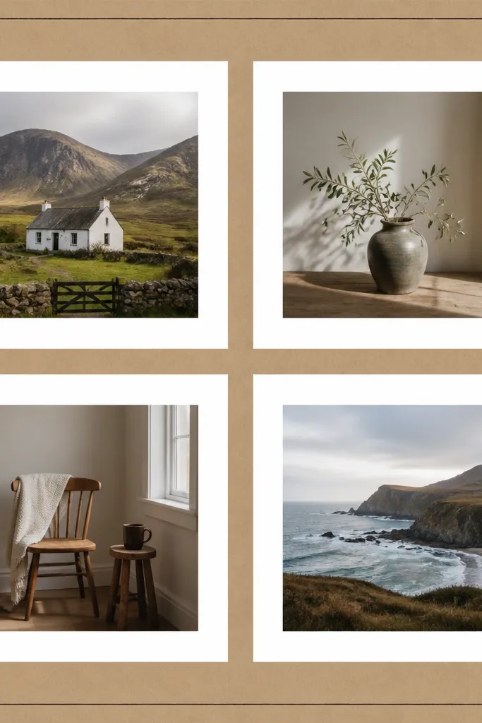 A kraft brown background with four photos, each in a crisp white mat frame. The mats are evenly sized and the photos sit centered. A thin black pen outline appears around the whole collage area like a border.