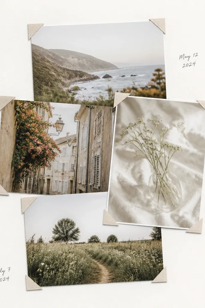 A white page where multiple photos are attached only at their corners with small paper tabs. The center of each photo looks free-hanging, and the photos overlap slightly. The overall look is airy and light, with handwritten date notes in the margins.