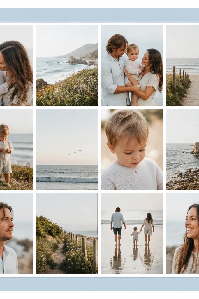 A white base with an outer border rectangle in light blue cardstock. Inside it, there's a 4x3 grid of photos with thin white borders. A second inner border line in dark gray frames the photos again.