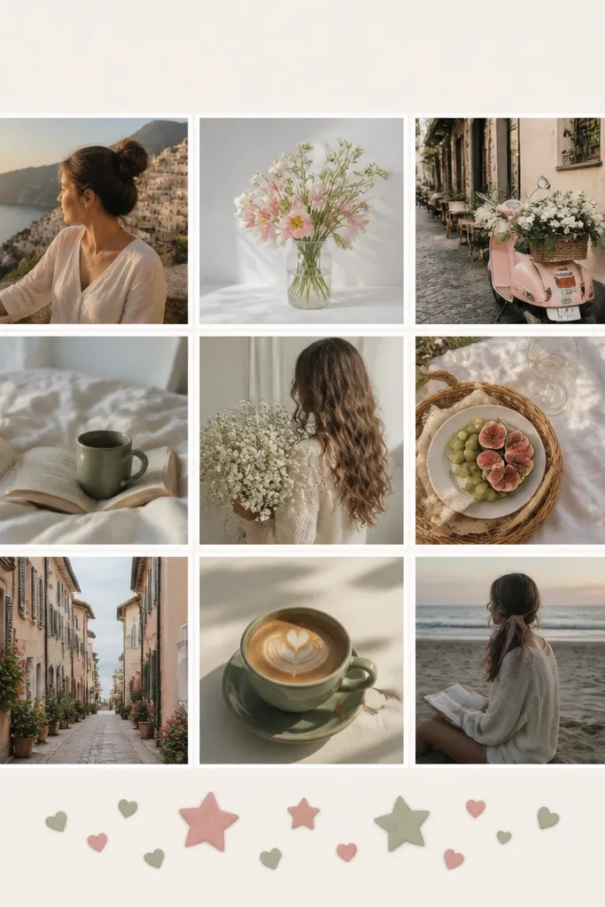 A collage of nine photos in a 3x3 grid. Around the grid, there are stickers placed in three zones: top left, top right, and bottom center. Stickers are mostly stars and small hearts in two colors, and the photos have consistent borders.