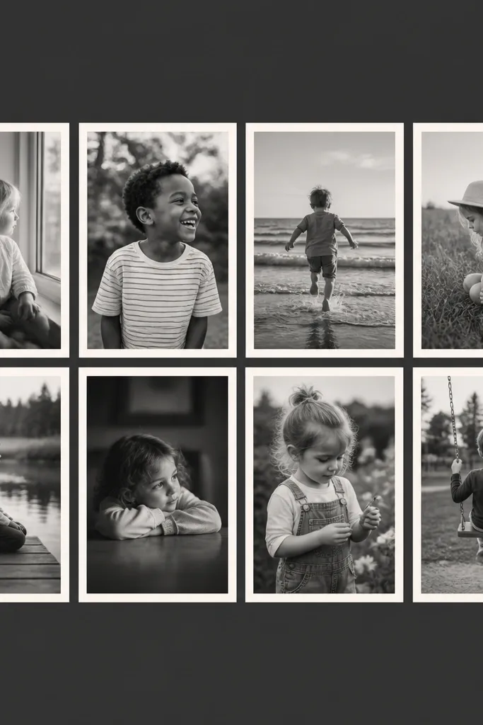A charcoal gray background with a 2x4 grid of black-and-white photos. Each photo has a cream mat border, and the spacing is even. The images show kids in different settings, but the collage looks unified due to grayscale tones.