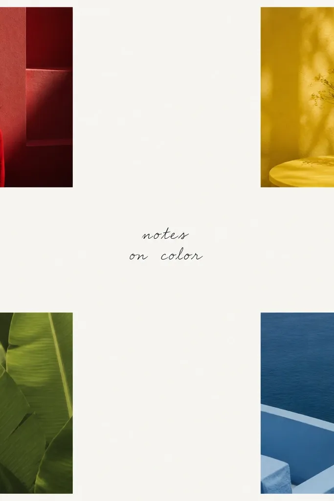 A white base with four colored corner squares: red, yellow, green, and blue. In each corner square sits one photo cropped to match that color vibe. The center remains mostly blank except for a small handwritten title.