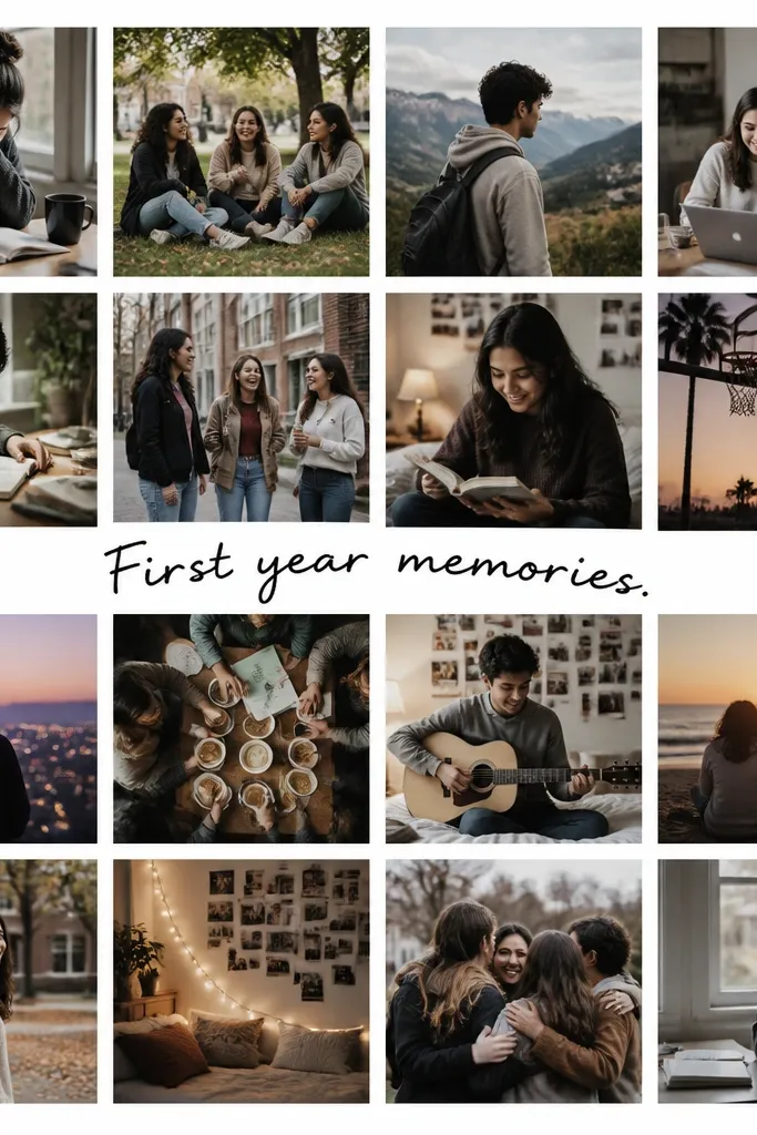 A 4x4 grid of small photos with consistent borders on a white background. Across the middle, there is one handwritten line that curves slightly, like "First year memories." The handwriting is in black ink and the line sits between rows without covering faces.