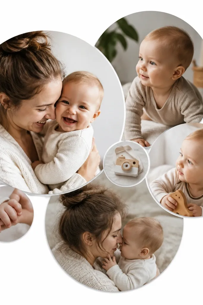 A white background with several paper circles cutouts. Photos appear inside circular cutouts that overlap slightly, creating a bubble effect. The circles are in a cluster, with a few small circles for details like hands and toys.