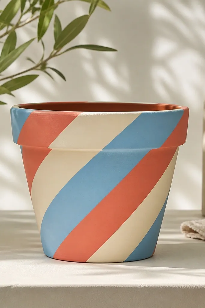 A terracotta pot painted with thick diagonal candy stripes in coral, cream, and sky blue. The stripes are crisp and evenly spaced, with a matte finish that makes the colors look soft.
