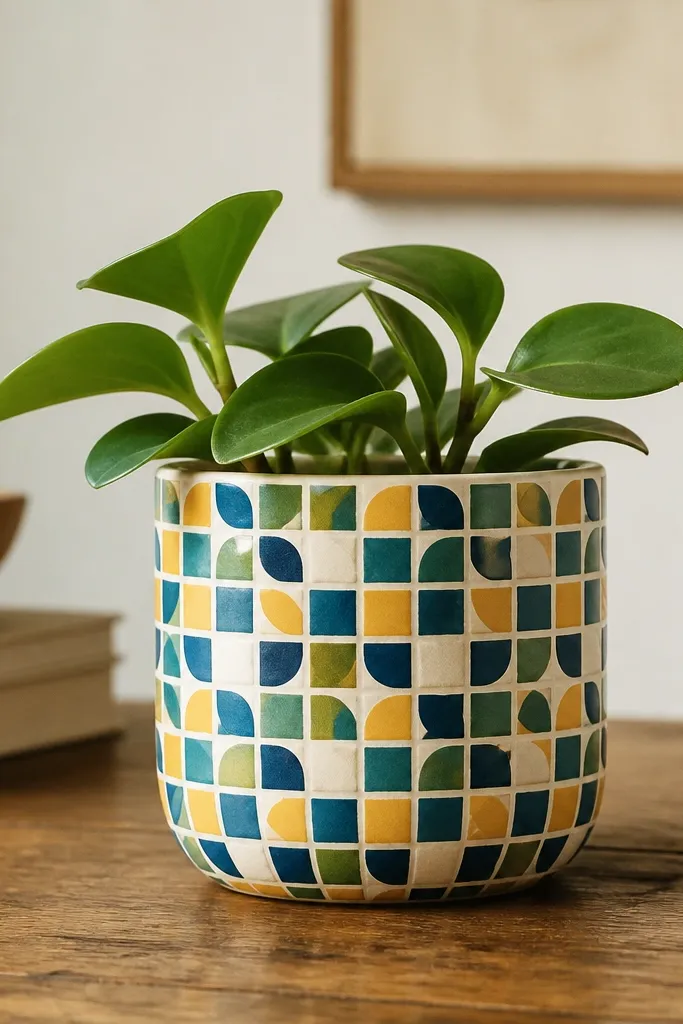 A small pot covered in a repeating tile pattern: tiny squares and half-circles in mustard, teal, navy, and cream. The pattern wraps around the pot evenly.