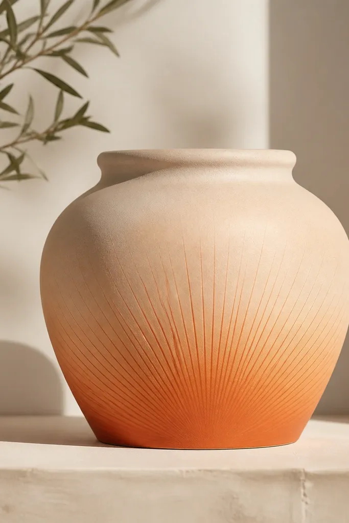 A pot painted with a bottom-half sunburst: deep terracotta orange at the base fading into pale peach toward the middle, with thin radial rays.