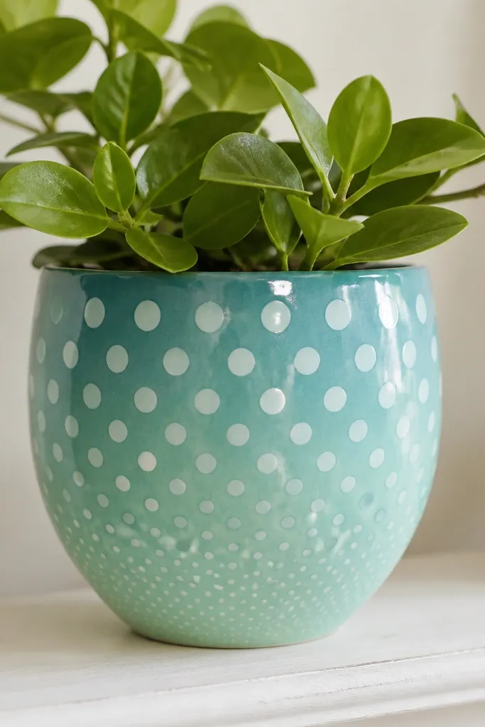 A pot with polka dots that get smaller as they go down, fading from teal to mint. White dots sit on top like highlights.