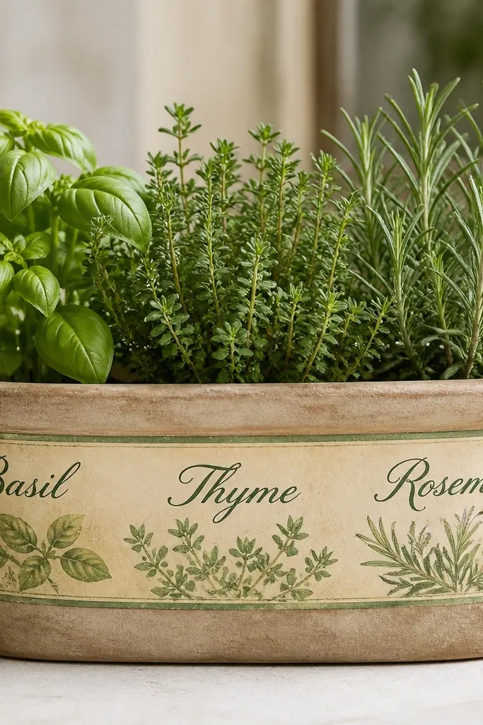 A plant pot with a centered label strip painted like vintage packaging. The strip has cursive-style lettering for basil, thyme, and rosemary in dark green on a cream background.
