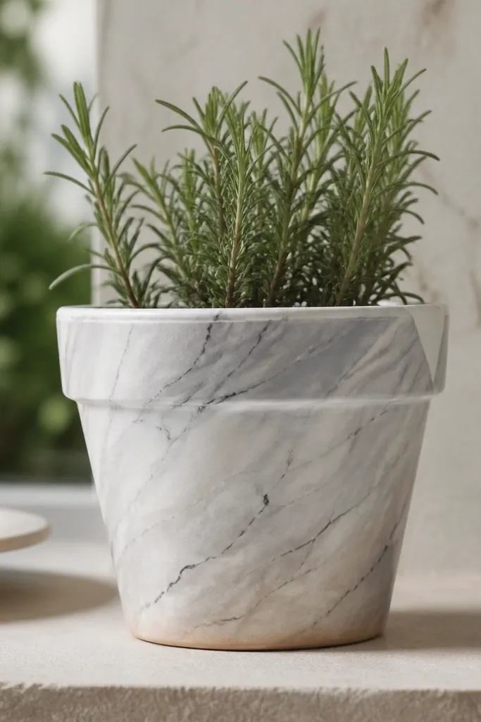 A terracotta pot painted to look like marble: soft gray and white swirls with thin charcoal veining, plus a faint warm beige undertone near the base.