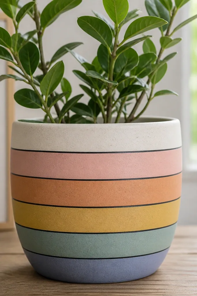 A pot with horizontal stripes in muted colors. Each stripe has a thin dark outline, creating a sticker-like rainbow effect.