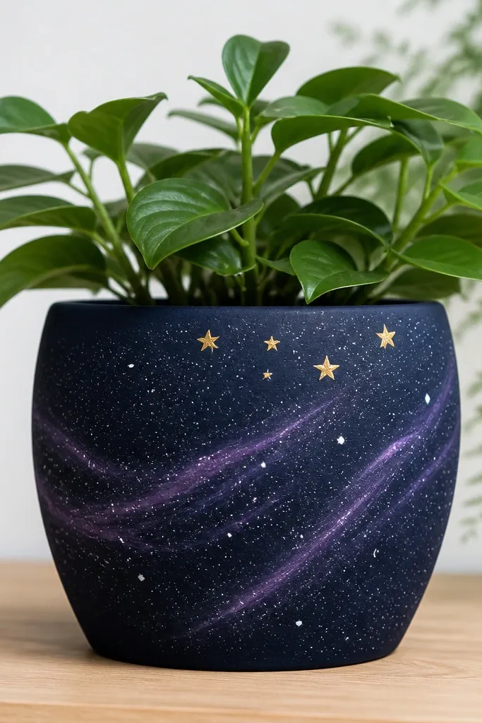 A dark navy pot painted like space: purple swirls, tiny white star dots, and a few small yellow stars clustered near the top.