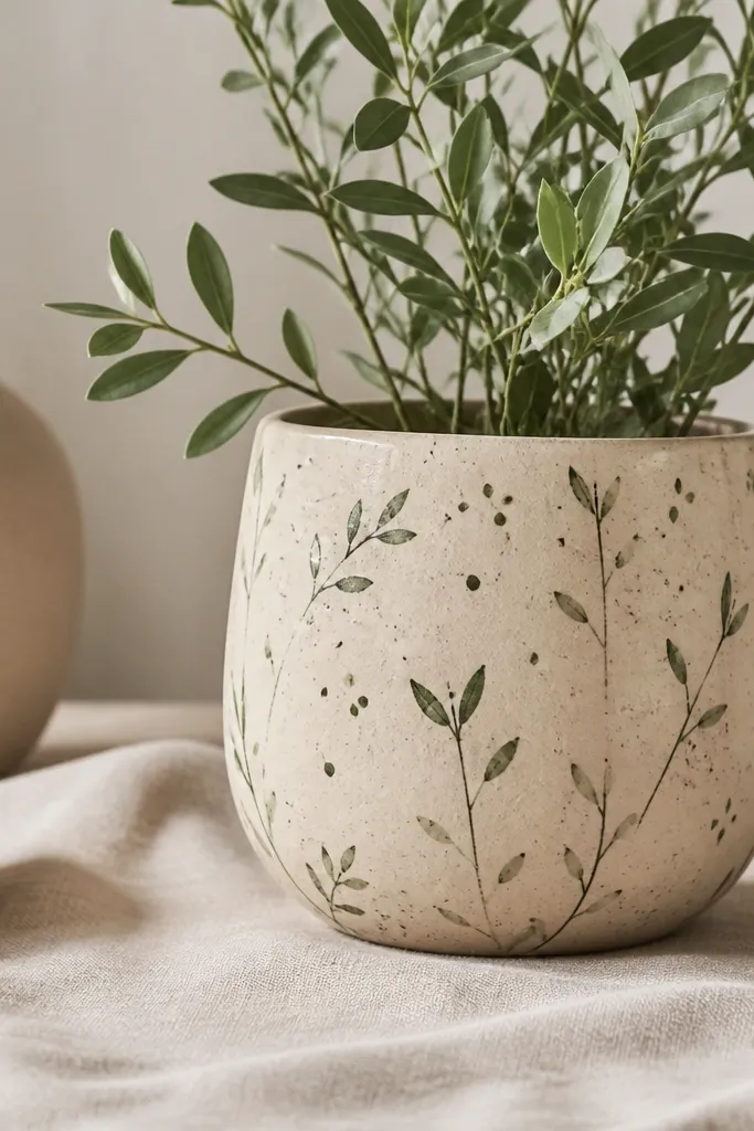 A light beige pot with scattered tiny green dots, thin stems, and small leaf shapes painted in muted sage and dark green.