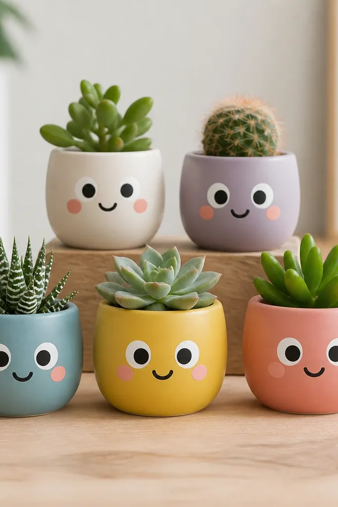 A set of small pots painted with friendly faces: big eyes in white and black, rosy cheeks, and curved smiles. The style is clean and chunky.