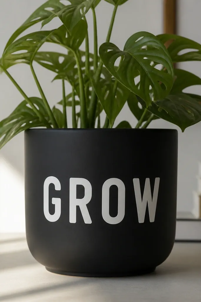 A pot painted matte black with large white uppercase letters centered on the front. The letters have clean edges and a slightly rounded font style.