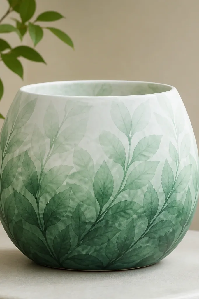 A pot with a soft watercolor leaf pattern that fades from dark green near the bottom into pale mint near the top. Leaves look translucent with feathered edges.
