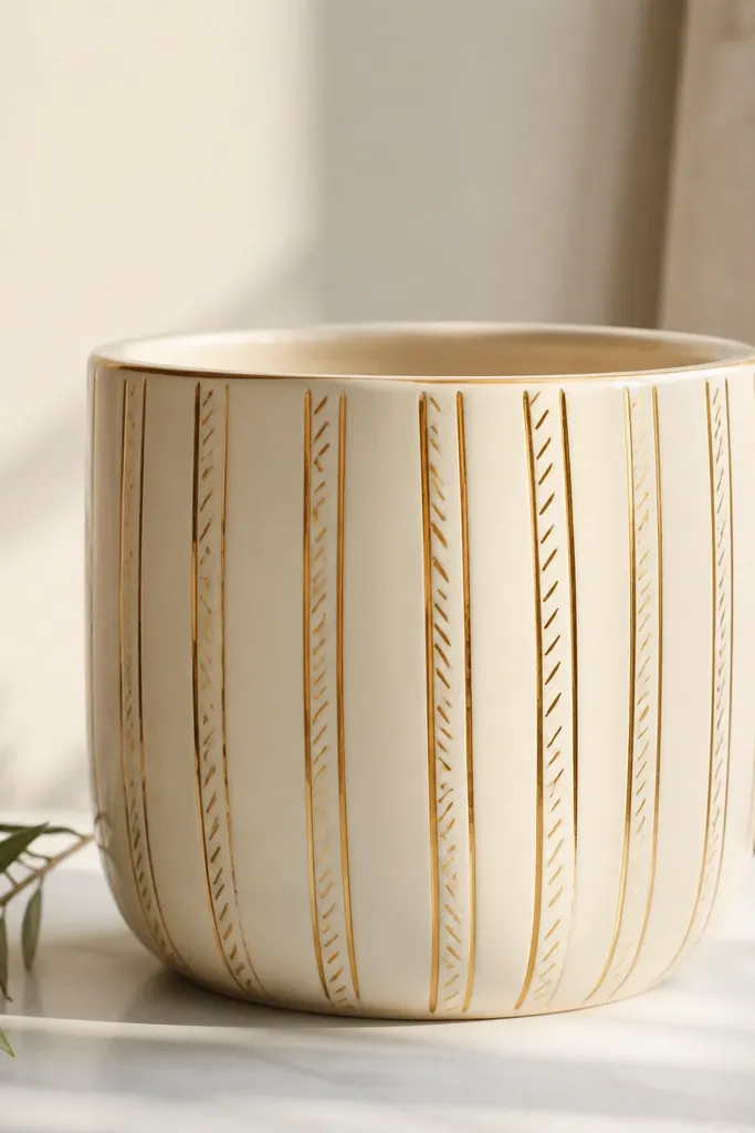 A cream pot with thin gold lines painted in vertical stripes and small diagonal accent strokes. The gold catches light and looks metallic.