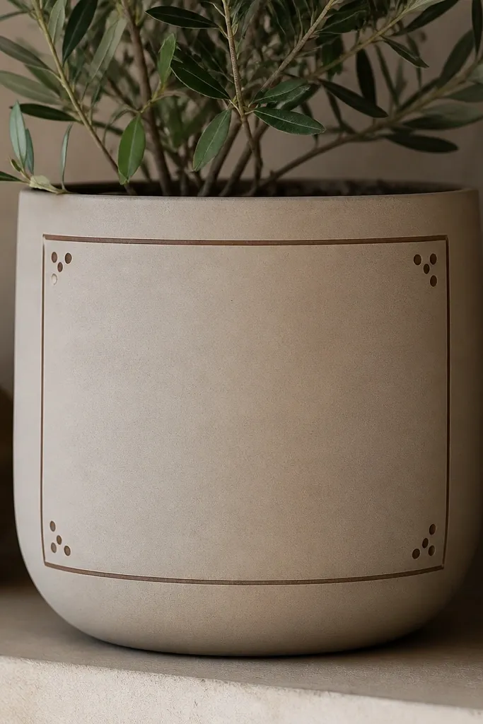 A pot with a framed design: a thin stripe border around the top and bottom, with small dots filling the border corners. The center has a plain background color.