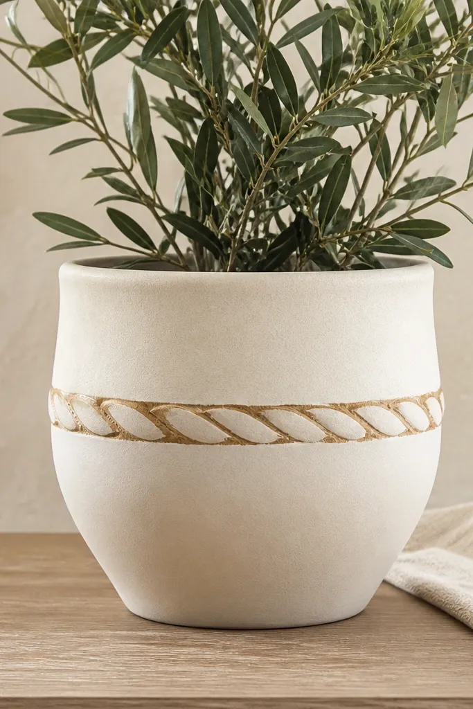A pot with a cream base and a rope-like twist painted around the middle in tan and white, with shadow lines to mimic rope texture.