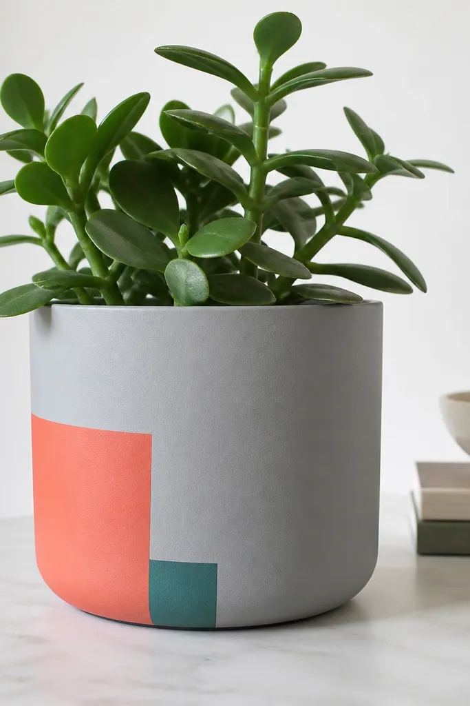 A pot painted pale gray with a single corner color block in coral and a smaller teal block beneath it. Clean tape edges and a modern look.