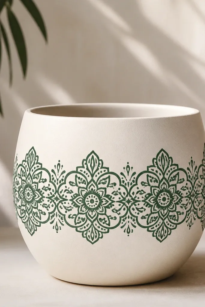 A pot with a single horizontal band of mandala stencil pattern. The mandala has symmetrical lines in deep green on a cream background.