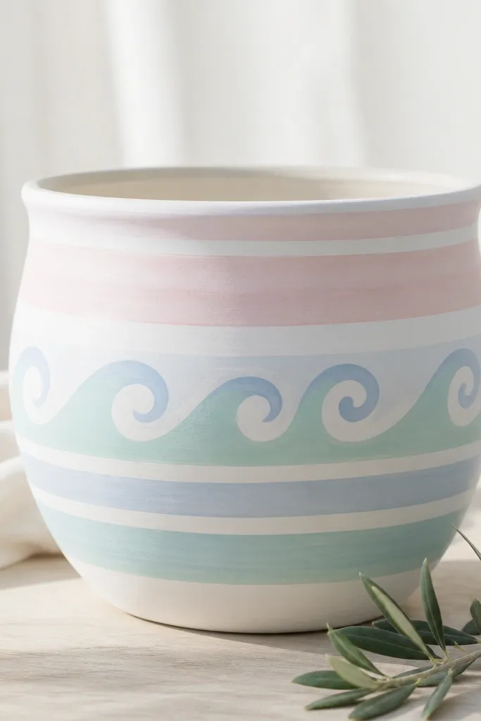 A pot painted in soft pastel stripes with a wave line pattern across the middle. The waves are pale blue and mint on a white base.