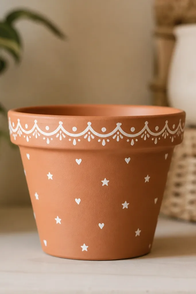 A terracotta pot painted with a white doodle border around the top edge and small repeated icons like tiny hearts and stars. The rest stays terracotta with a matte finish.