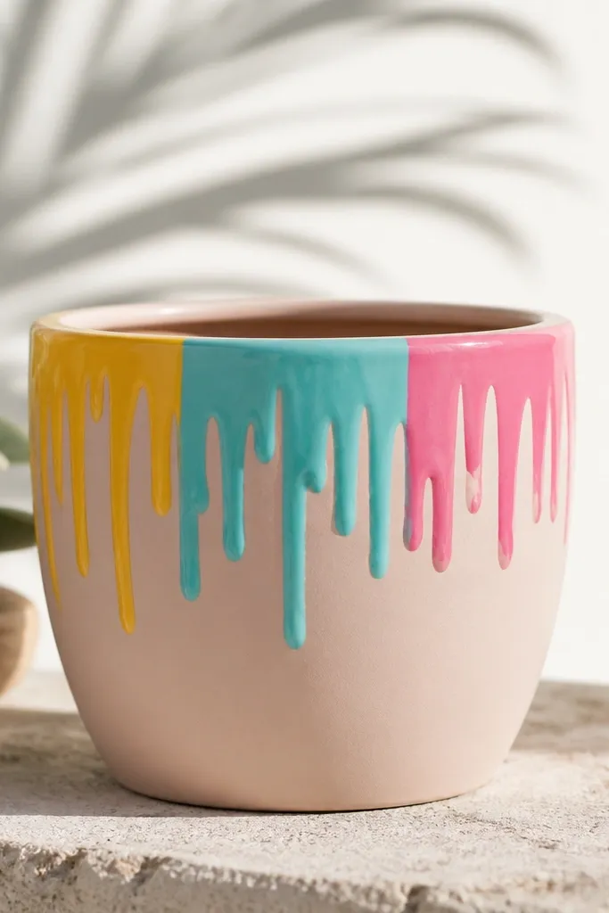 A pot with a solid base color and paint drips running down from the top edge in bright yellow, turquoise, and pink. The drips are controlled and stop before the bottom.