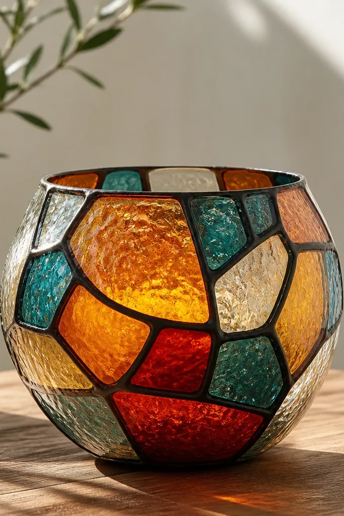 A pot with a stained glass effect: bold black outlines forming irregular panels, filled with translucent-looking colors like orange, teal, and red on a clear or light base.