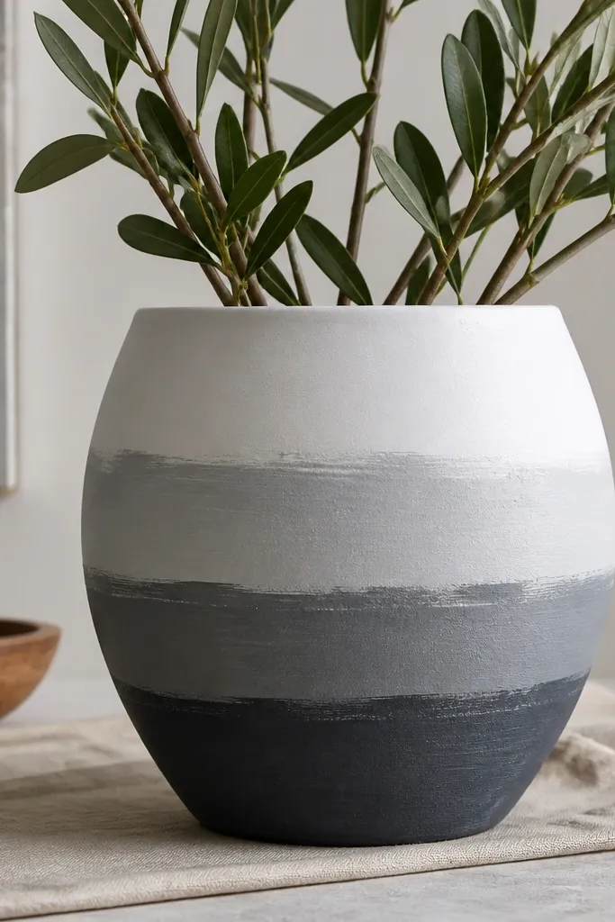 A pot painted white with three horizontal bands made of textured brushstrokes in light gray, medium gray, and charcoal. The brush texture is visible.