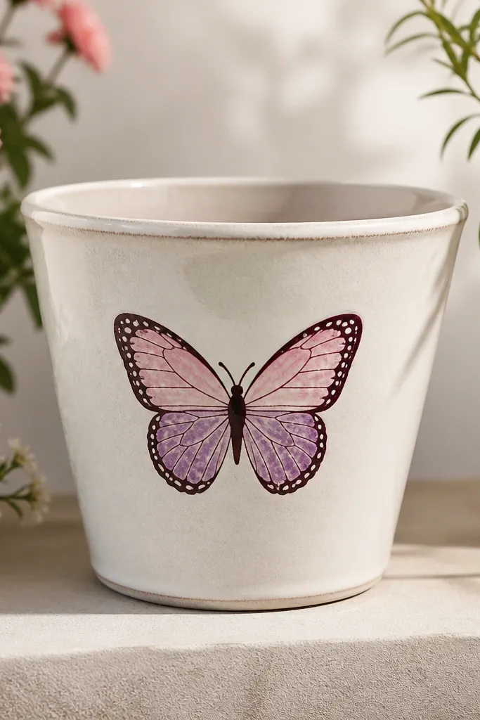 A pot with a single butterfly on the front: symmetrical wing shapes in pale pink and purple with white speckles, outlined in dark plum.