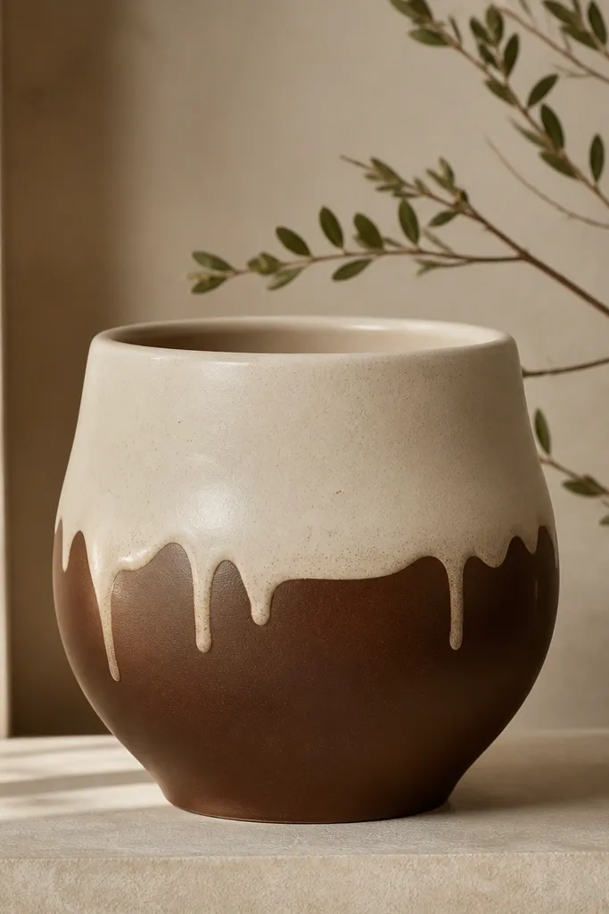 A pot with a warm cream top and a chocolate brown dipped bottom. The brown has controlled drips and a soft matte finish.