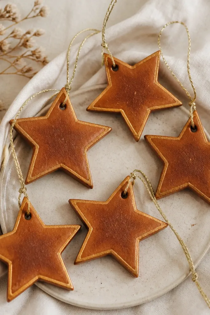 A set of salt dough stars painted warm brown with a slightly darker center gradient; the outer points have a thin metallic gold paint line, and each star has a small hole at the top with a gold twine loop.