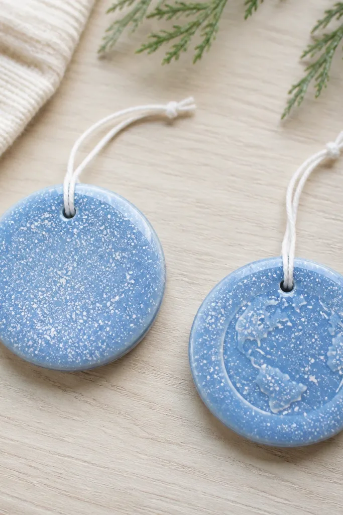 Small round salt dough ornaments with a clear glossy look; white speckles cover a light blue base, and the top has a tiny loop of white string. One ornament shows a faint "globe" circle outline.