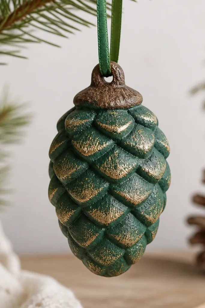 A pinecone-shaped salt dough ornament with raised ridges; it's painted deep forest green with golden dry-brushed highlights on the ridges and a small brown top cap. A thin green ribbon hangs through a hole.