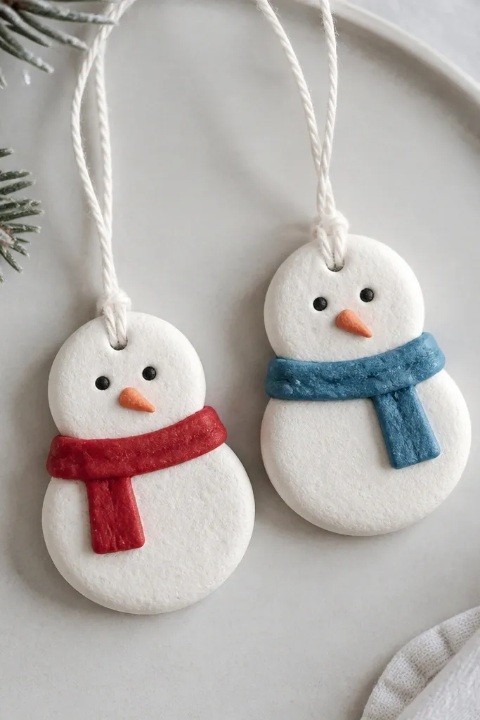Two small round-ish salt dough snowmen: one has a white base, black dot eyes, orange triangle carrot nose, and a red scarf; the other has a blue scarf. They hang from white twine loops.