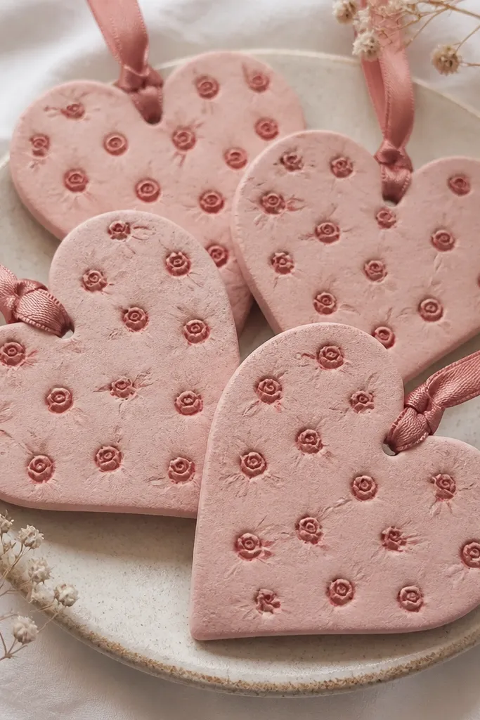 Heart-shaped salt dough ornaments with small rosebud rosettes pressed into the surface; the base is muted pink, and the rose details are slightly darker pink. A thin ribbon in dusty rose hangs from each.
