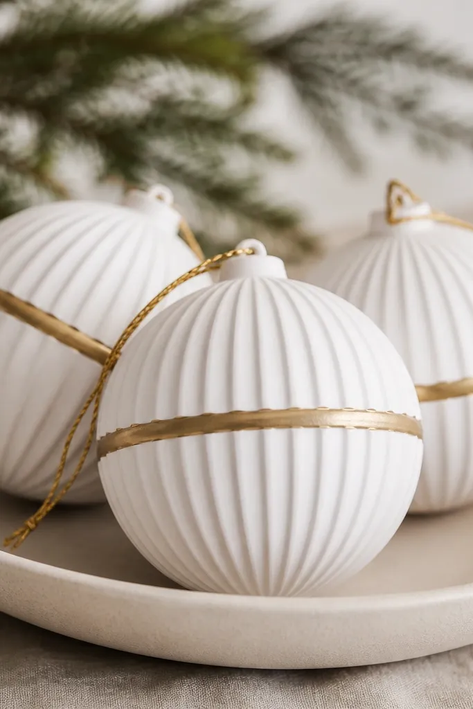 Bauble-shaped ornaments with vertical ribbing around the sides; painted in matte white with a single gold band wrapping around the middle, plus a gold twine hanger.