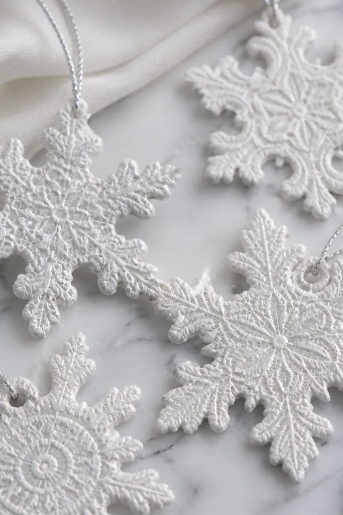Snowflake ornaments where the texture looks like lace - a white base with a subtle raised pattern; the surface has a gentle sheen from satin sealant and a thin silver string loop.