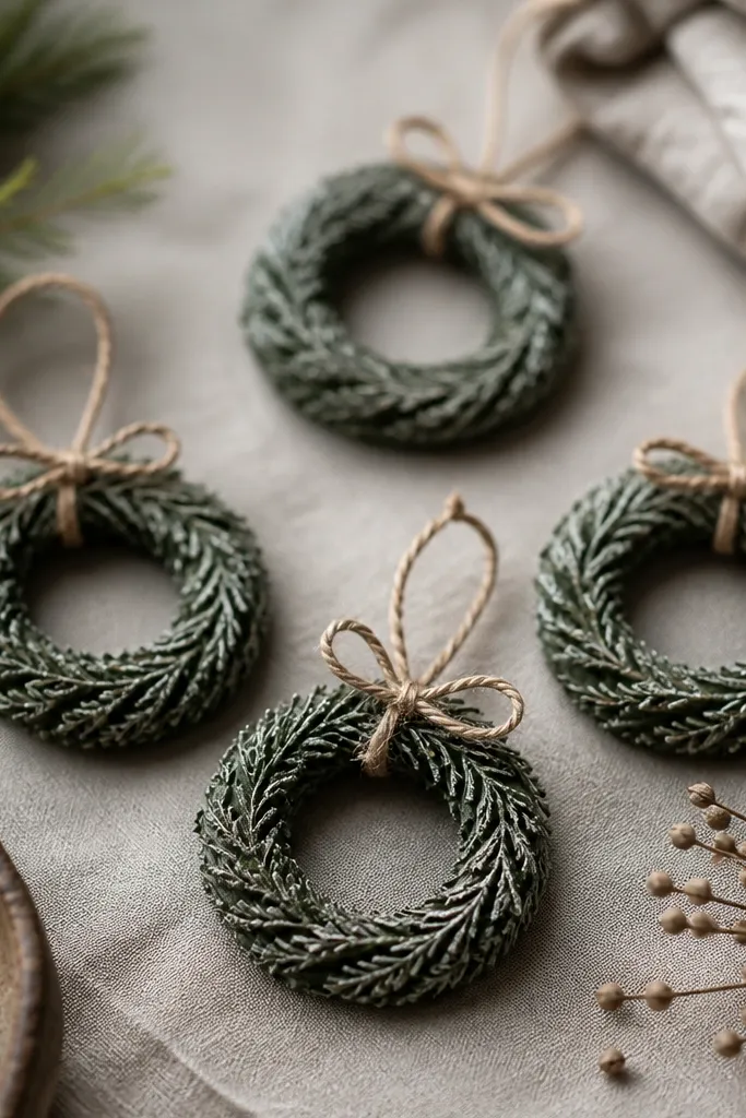 Small ring ornaments with a leafless wreath look; the surface has tiny pine-needle impressions, painted dark green with lighter dry-brushed tips and a tiny bow in tan twine.