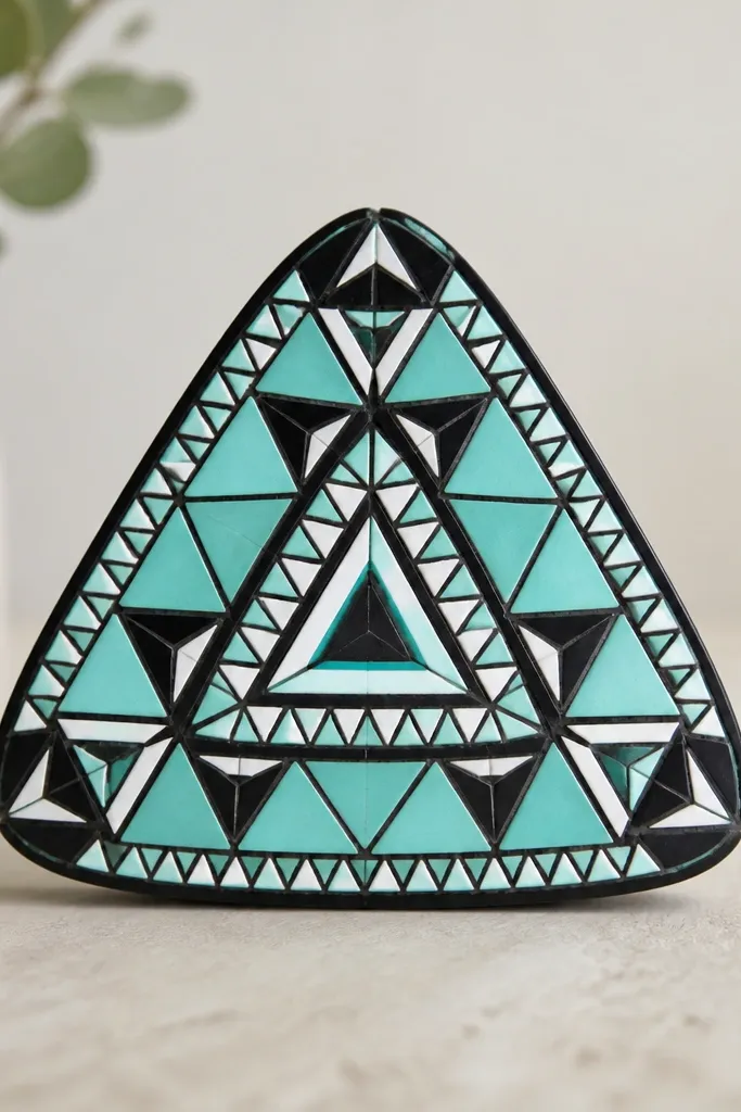 A geometric ornament shaped like a rounded triangle with crisp black lines and repeating small triangle patterns; the base is turquoise and the lines are matte black with white highlights.