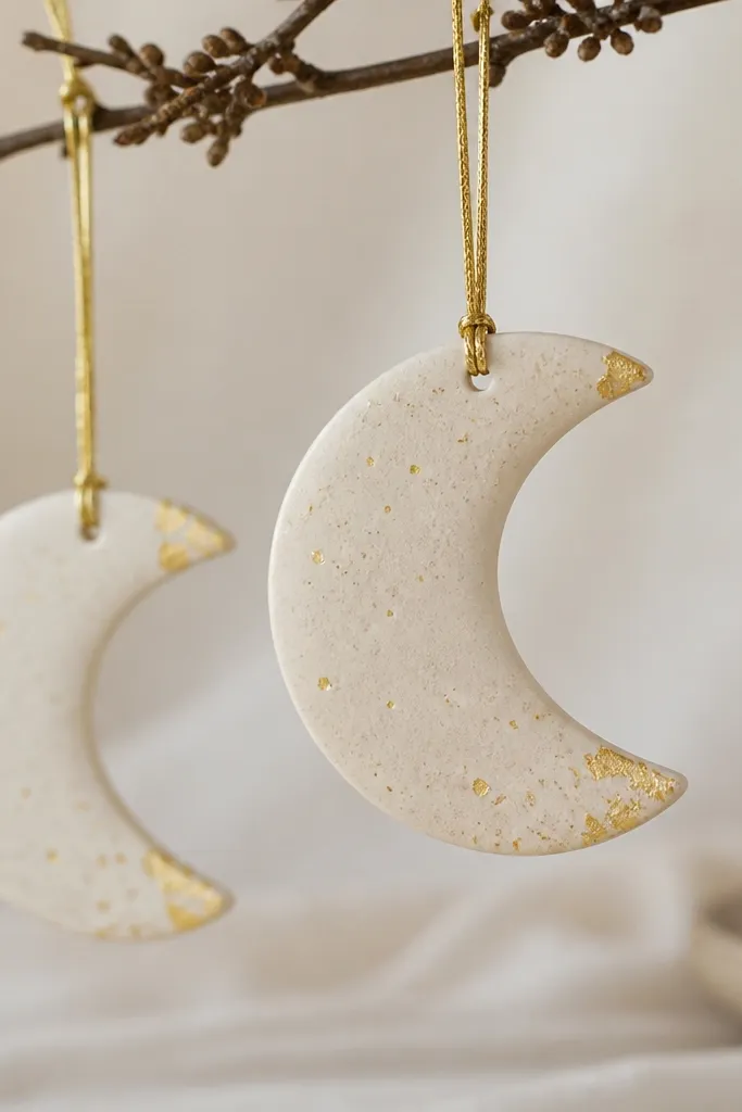 Crescent moon ornaments with a pale cream base; the surface has tiny gold speckles and a few small gold foil flakes near the edges. A gold string hangs from the top curve.