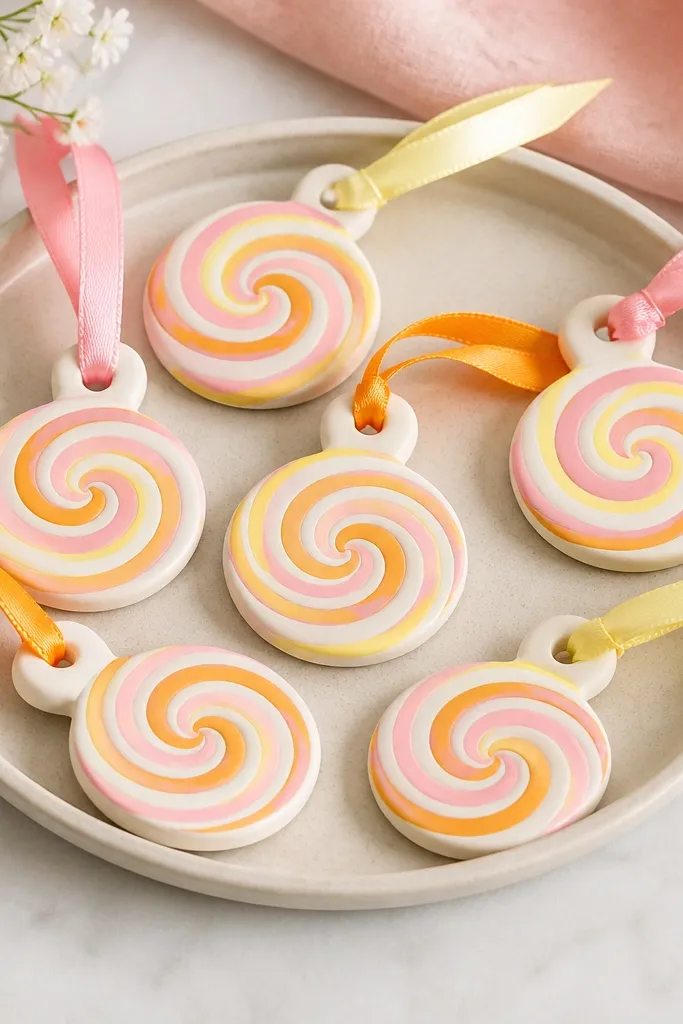 Small lollipop-shaped ornaments with spiral stripes in pink, yellow, and orange wrapping around a light base; a small hole is drilled through the top stick area with a matching ribbon.