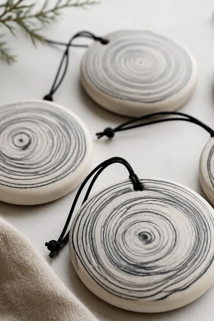 Round ornaments with concentric ring swirls like wood grain; base is off-white with charcoal gray rings. Each has a small hole and black twine.