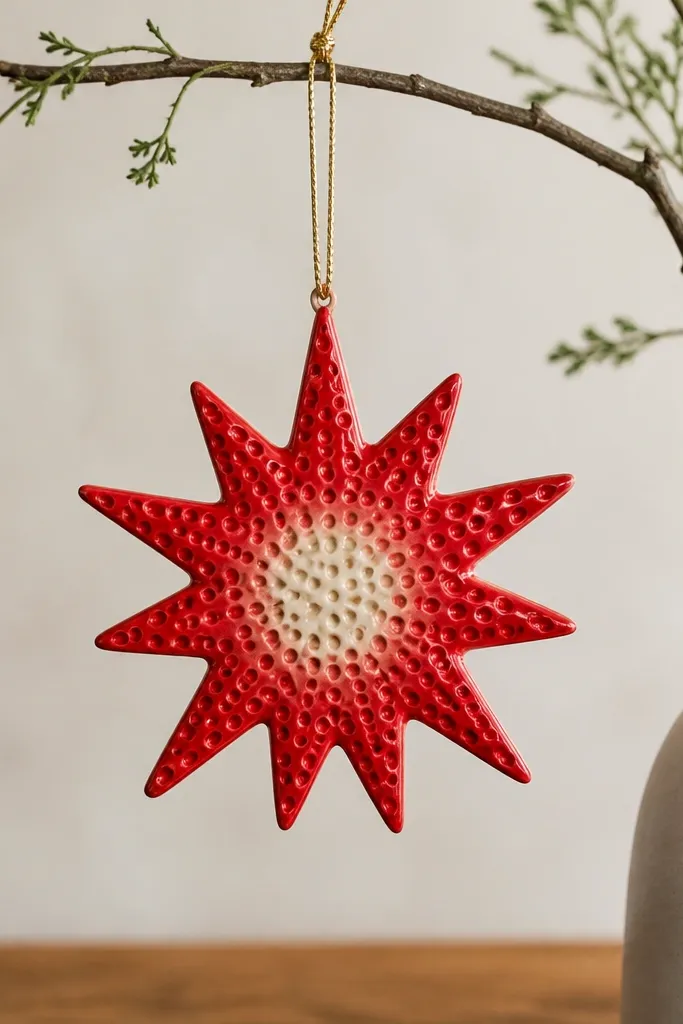 A starburst ornament with many small circular dents across the surface, painted bright red with a cream center and a thin gold twine hanger.
