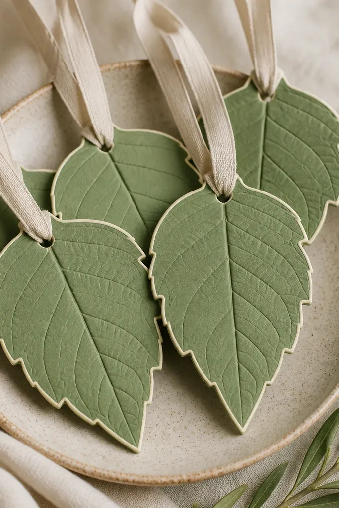 Leaf-shaped ornaments with visible leaf vein impressions; painted matte sage green and finished with a thin cream outline on the edges. A natural linen ribbon hangs through the top.